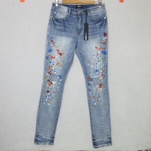 Fashion Nova Men Paint No Mind Skinny Jeans 30 Blue NEW Distressed Splatter
